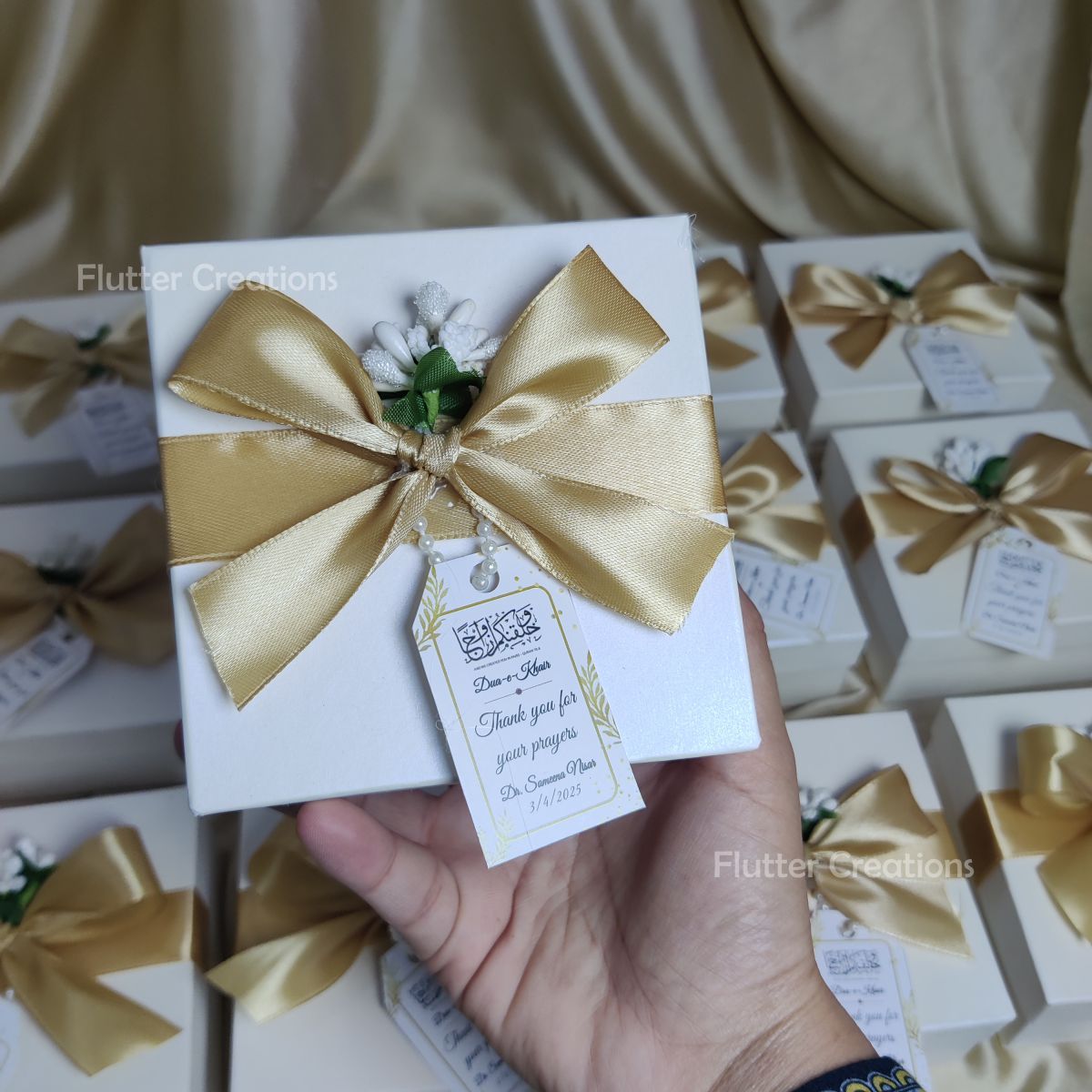 White Box with Golden Ribbon, Stamen and Tag