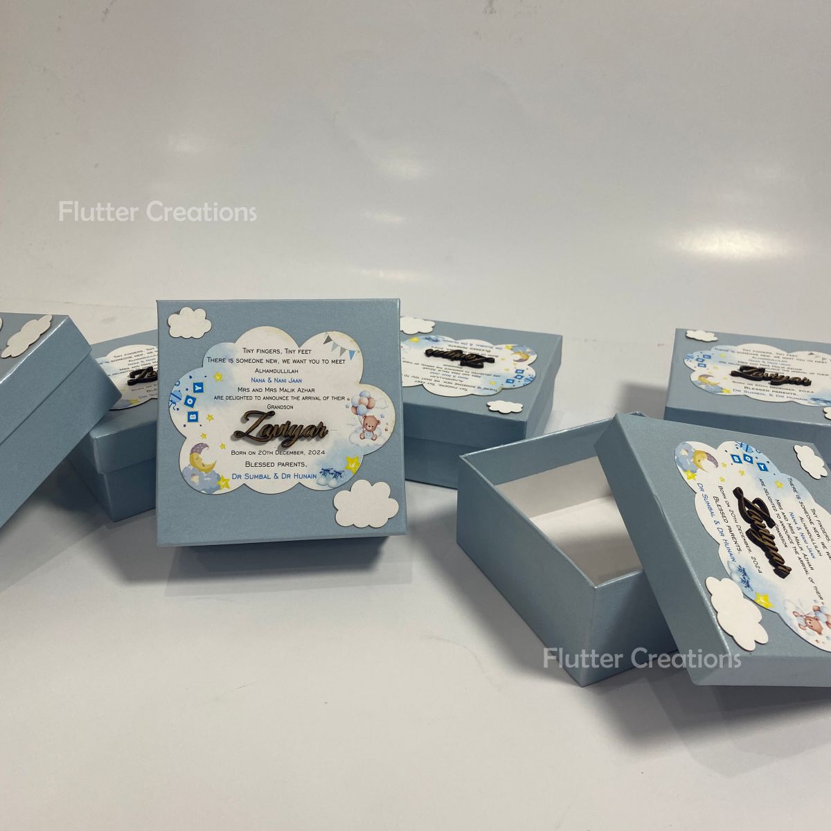 Baby Boy Announcement Box with Clouds and Wooden Name Cutout on Top