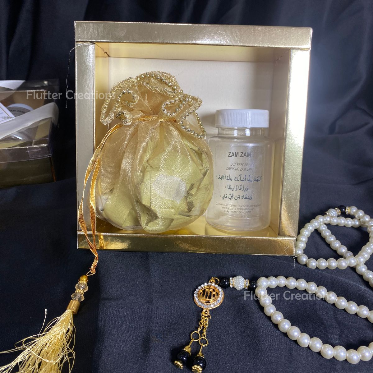 Umrah Golden Box with Flower, Ribbon & Tag