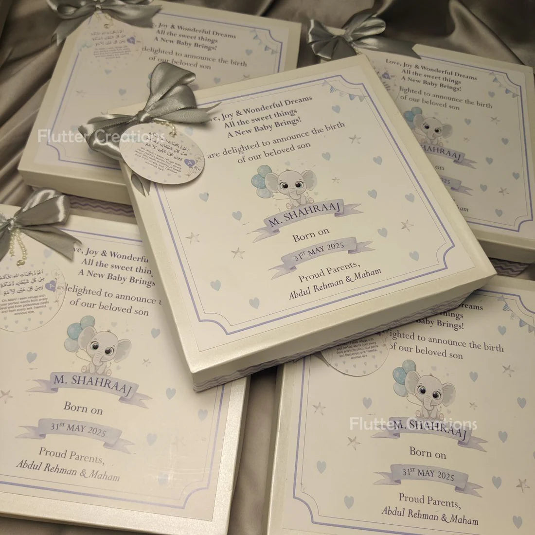 Baby Boy Announcement Box - Elephant Design (With Grey Ribbon)
