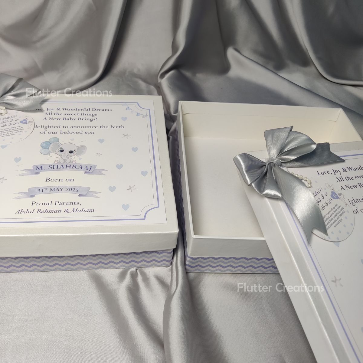 Baby Boy Announcement Box - Elephant Design (With Grey Ribbon)