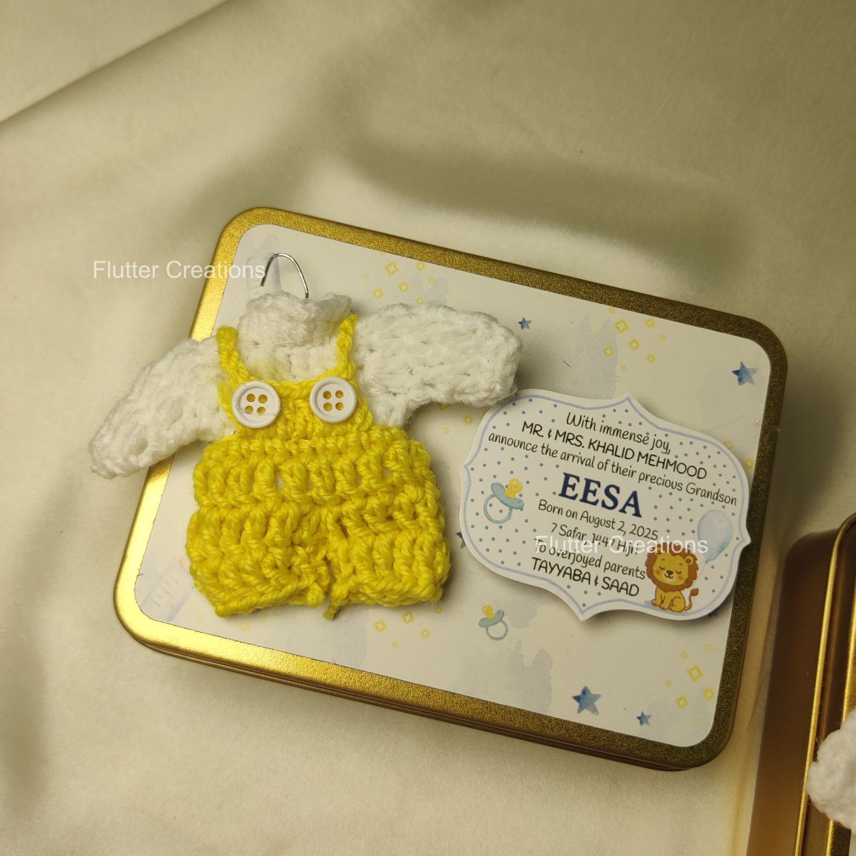 Tin Box with Crochet Design (Imported) - Baby Boy Announcement