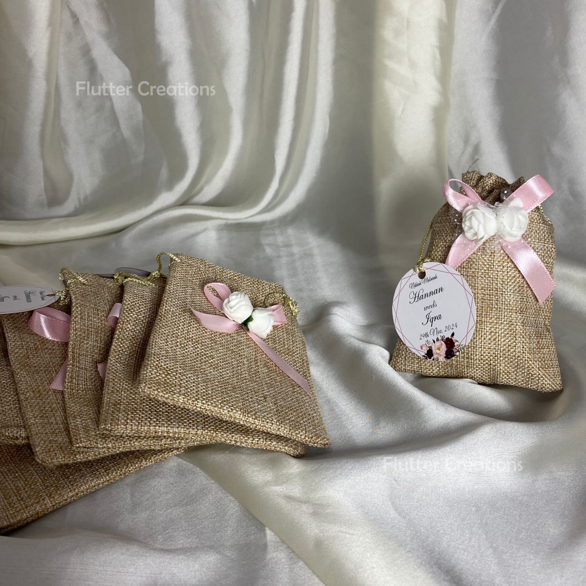 Khaki Jute Pouch with Ribbon, Flower & Tag