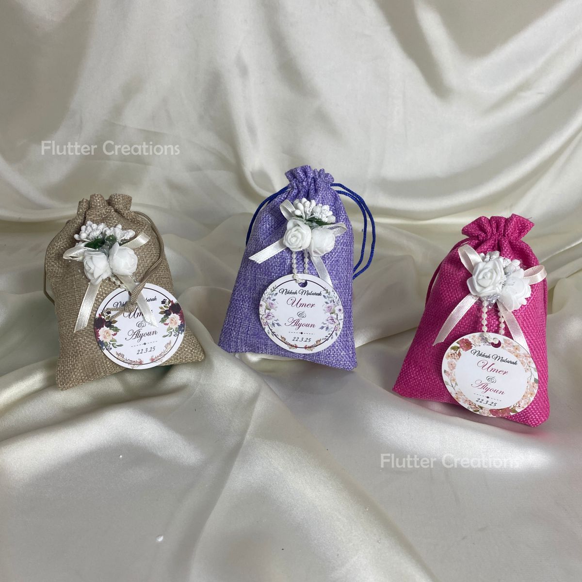 Jute Pouch with Flower, Ribbon & Tag