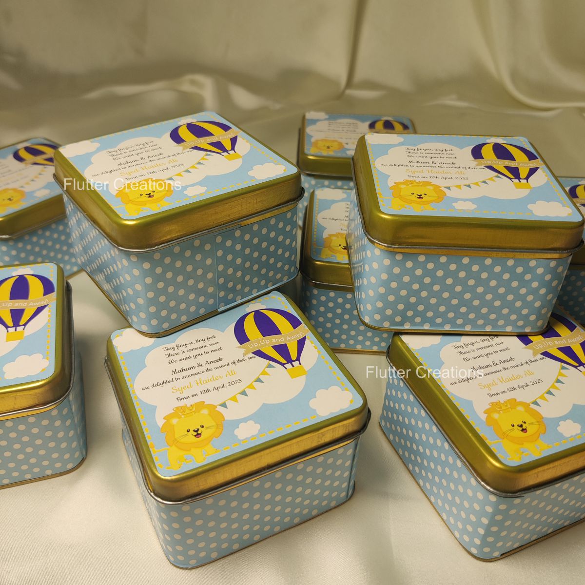 Hot Air Design Square Tin Box - Baby Boy Announcement