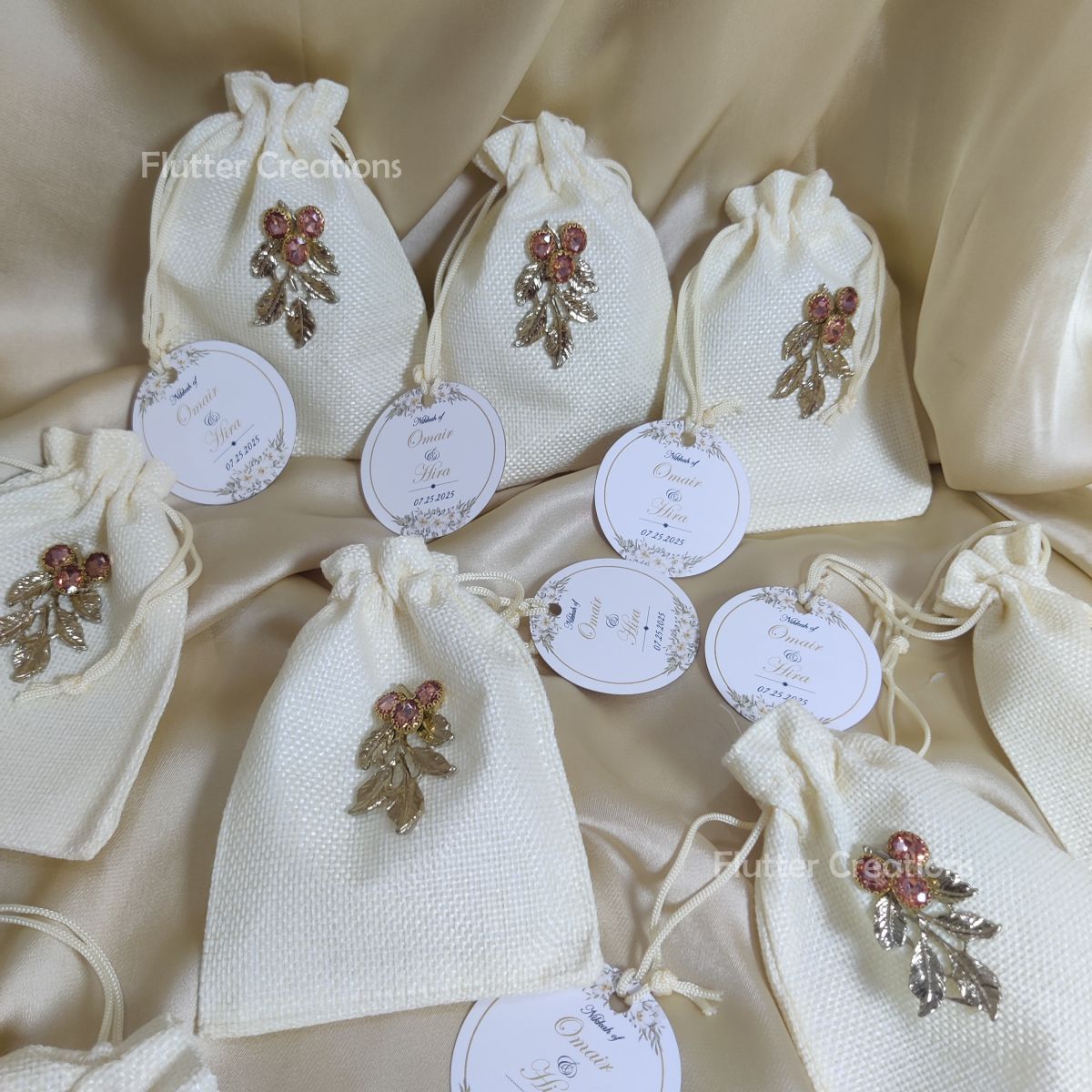 White Jute Pouch with Gold Metal Leaf & Name Tag