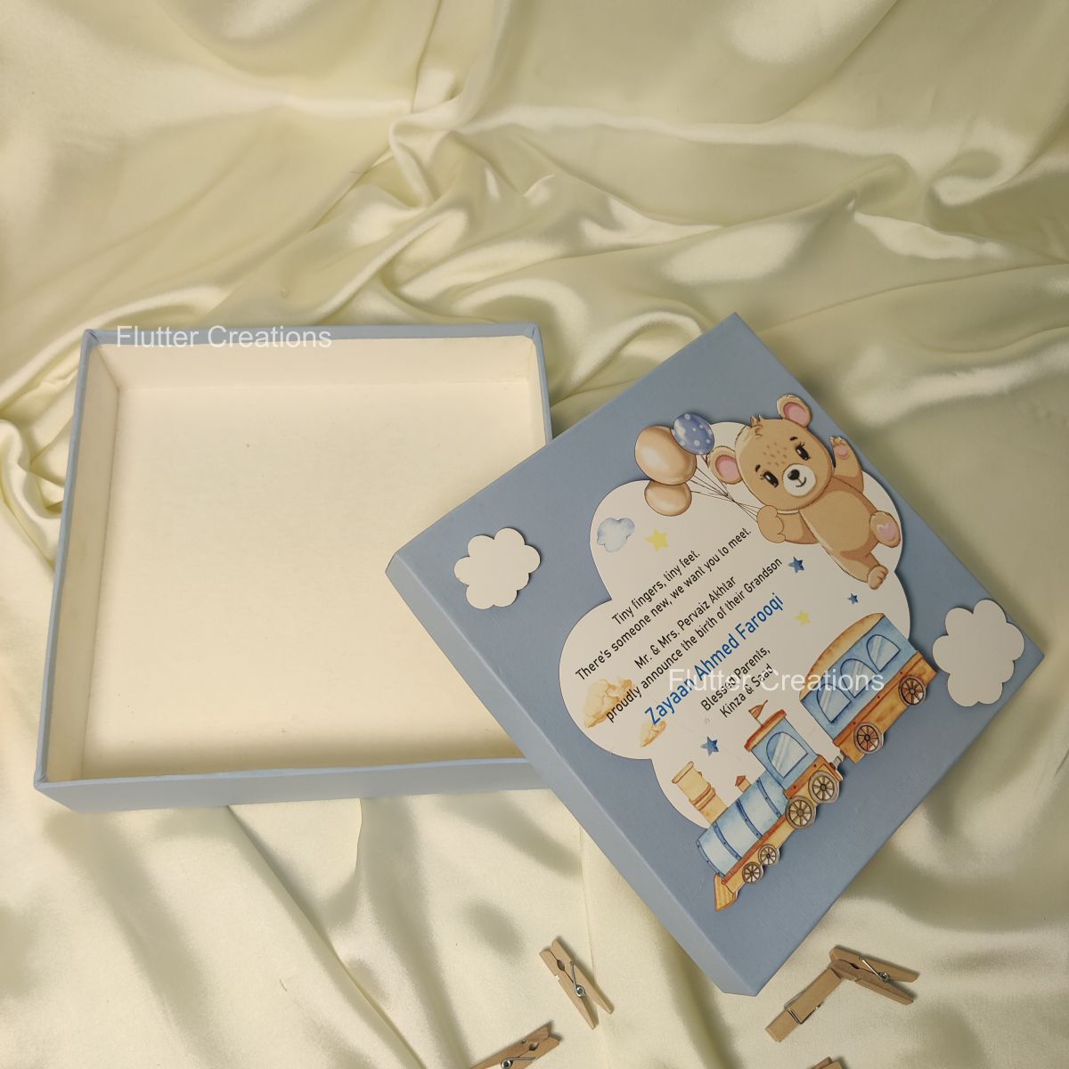 Train & Bear 3D - Baby Boy Announcement Box