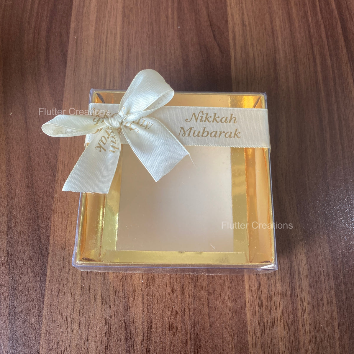 Golden Box with custom Nikkah Mubarik Ribbon