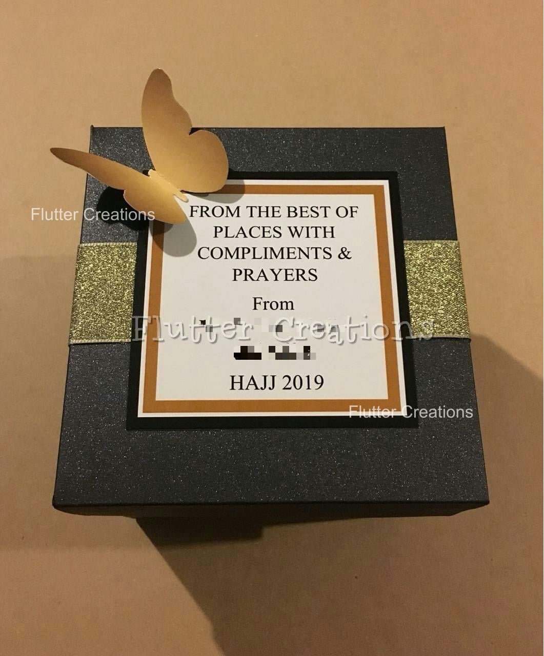 Hajj Tabaruk Box with customized tag on top