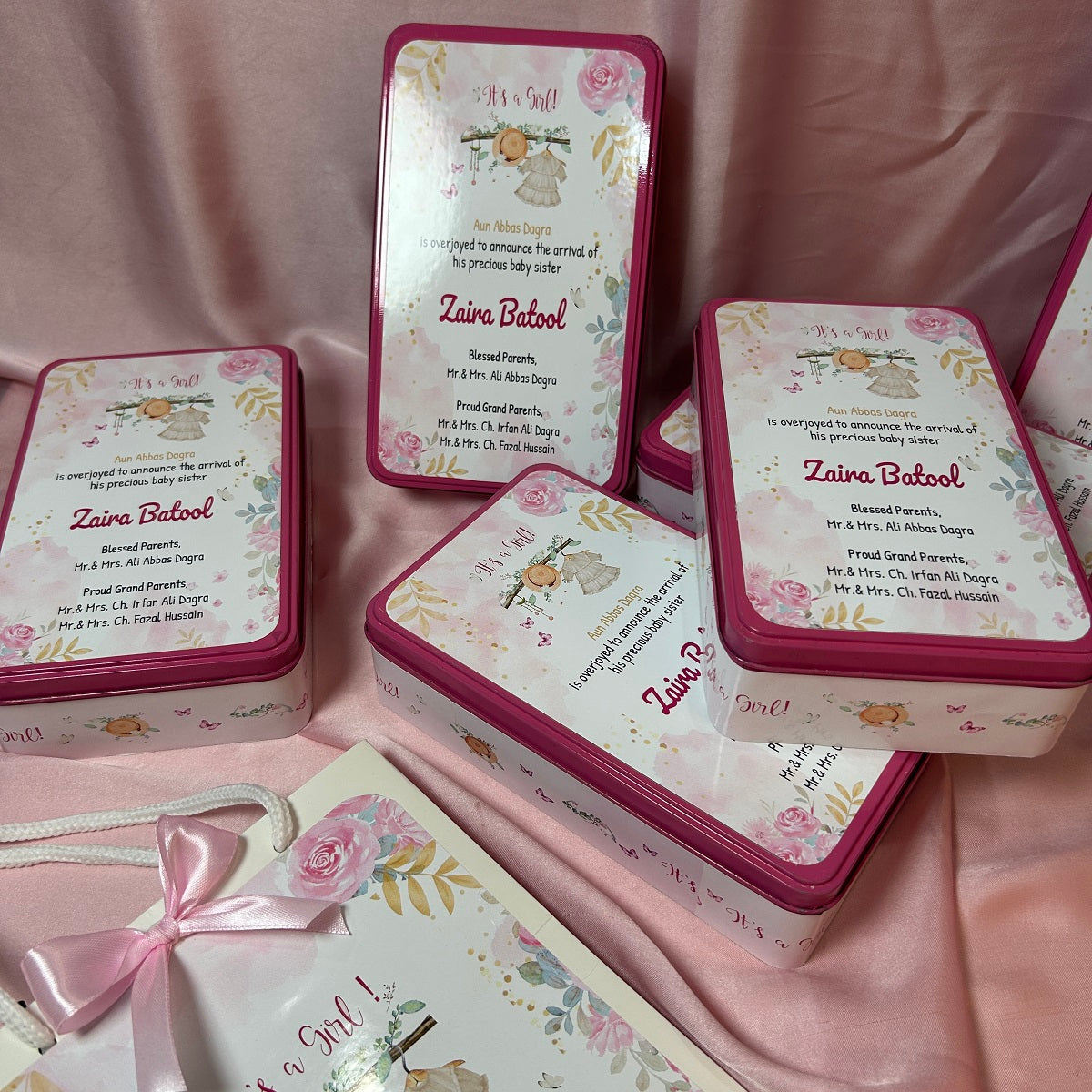 Baby Girl Announcement Tin Box - Floral and hanging dress design