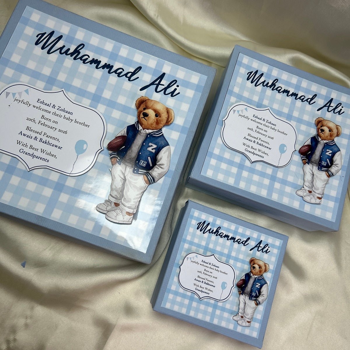 Baby boy announcement (Polo Teddy Bear, Plaid theme)