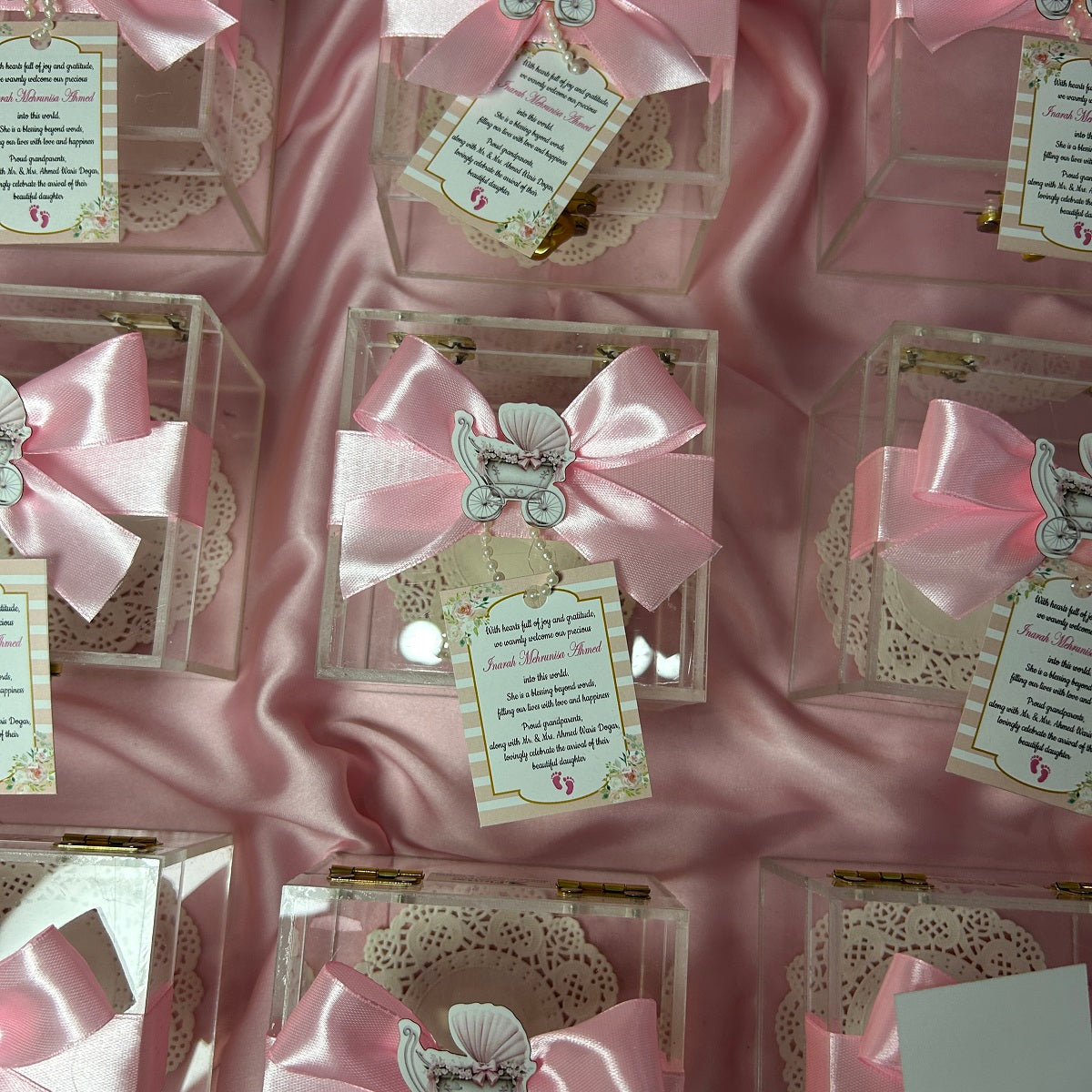 Baby Girl Announcement Acrylic Box with Tag and Ribbon Bow