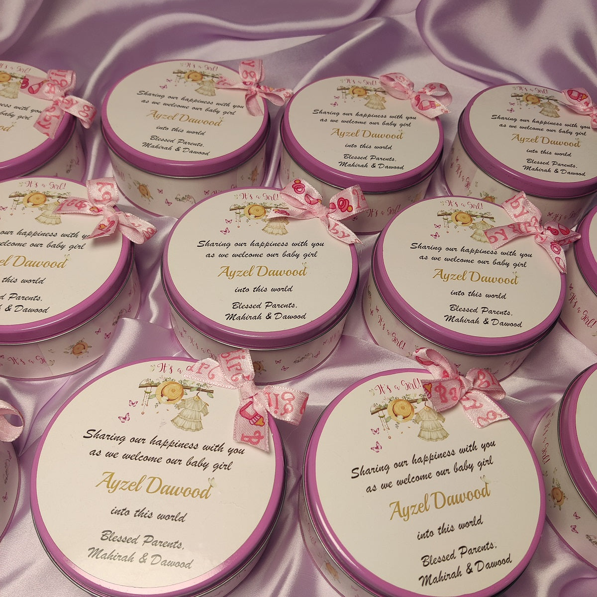 Baby Girl Announcement Tin Box - Floral and hanging dress design