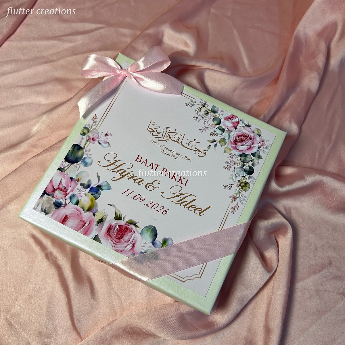 Engagement Mithai Box with Pink Ribbon (Floral design)