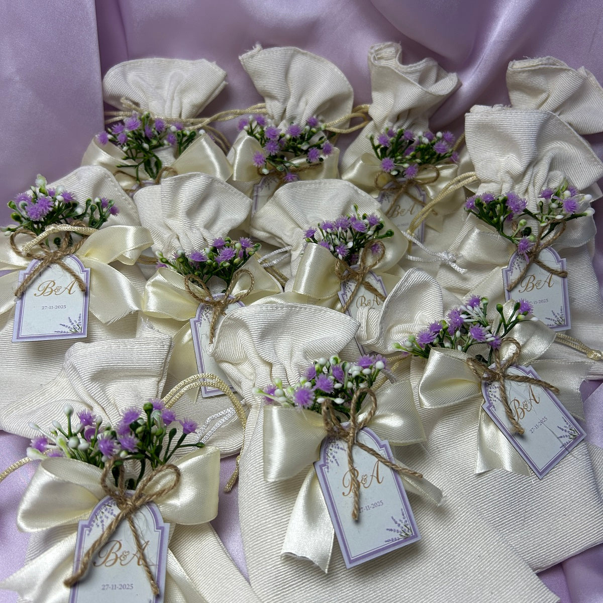 Premium White Pouches with Purple Baby's breath