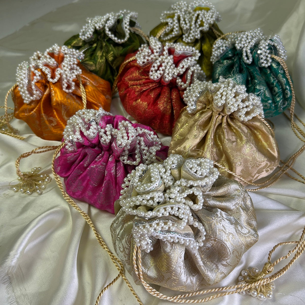 Multicolor Jamawar potlis with pearl lace and tassel (250g-350gm dry fruits)