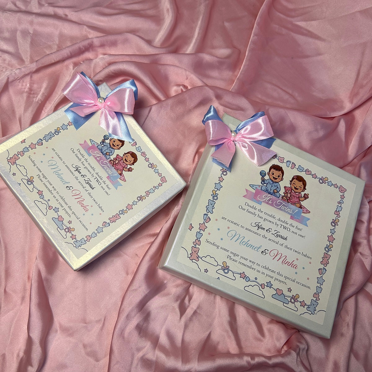 Twin Baby Announcement Box With Double Bow Ribbon