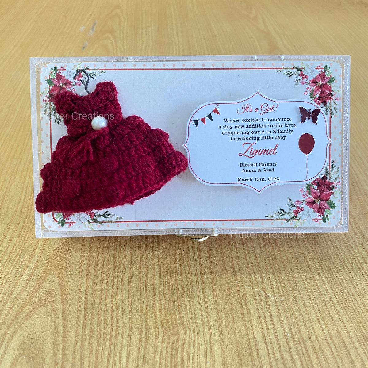 Maroon Crochet - Baby Girl Announcement Acrylic Box