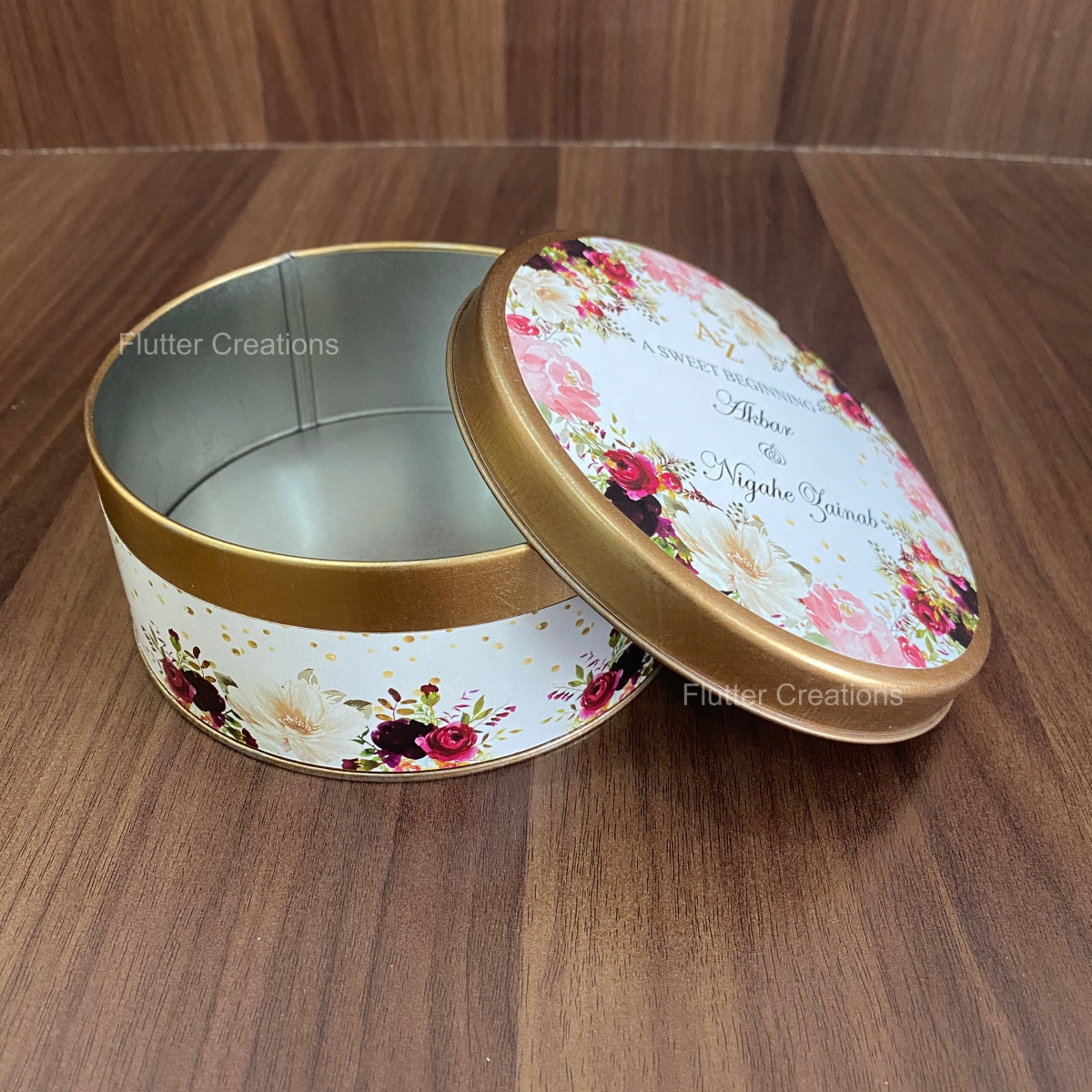 Round Tin Box with customized engagment print on top