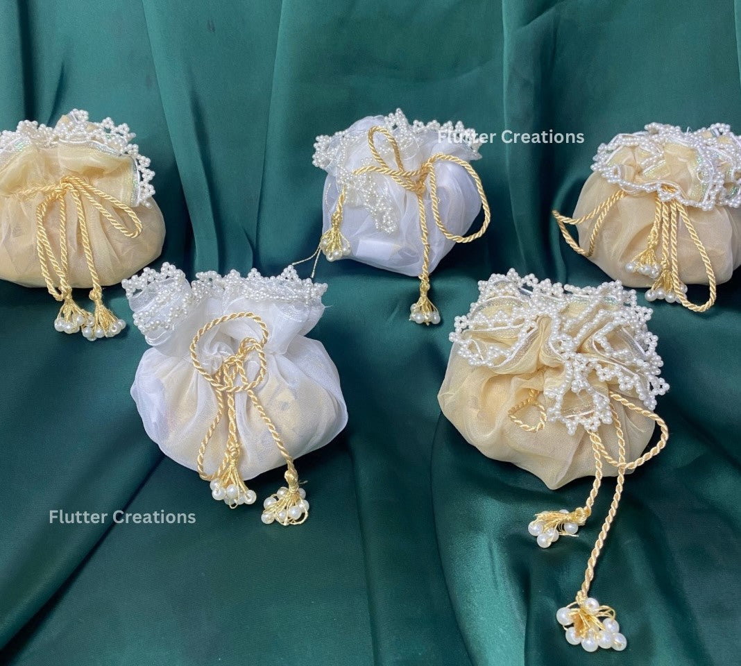 Organza potlis with double pearl tassel