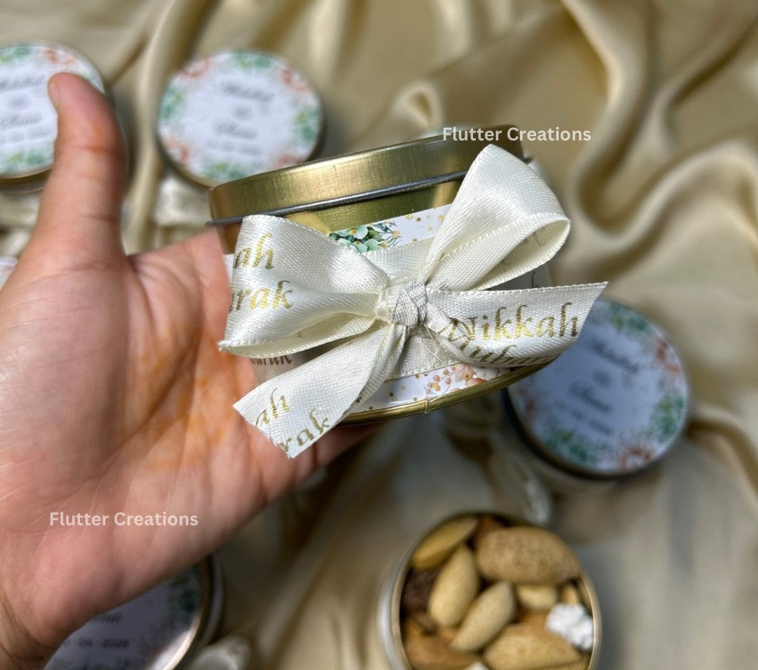 Customized Tin Bid Box with Nikkah Mubarak Ribbon