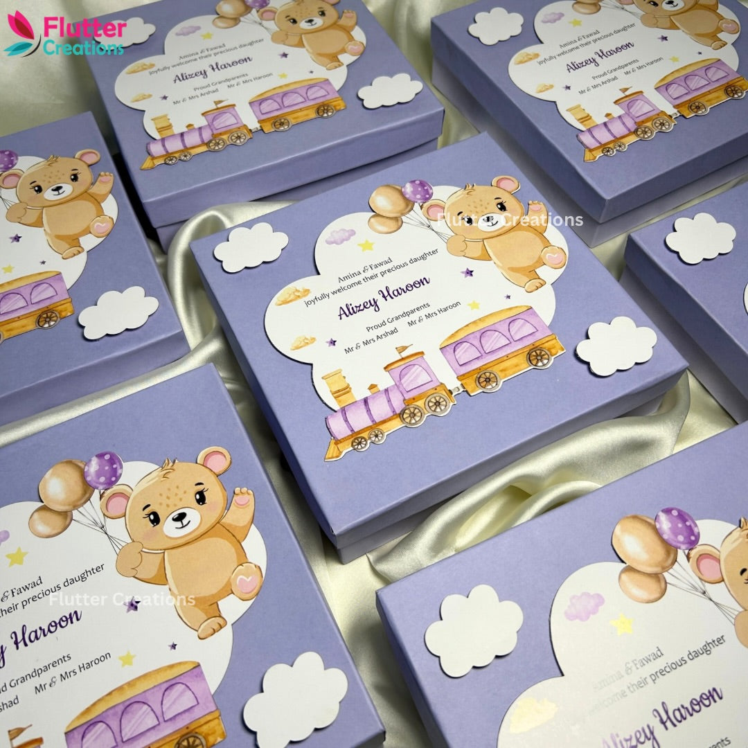 Baby Girl Announcement Box - Teady and Train Design