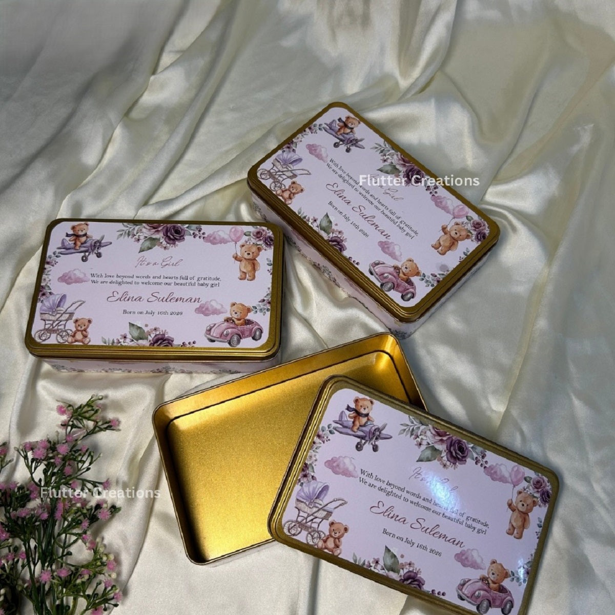 Baby Girl Announcement Tin Box - Teady with plane and car
