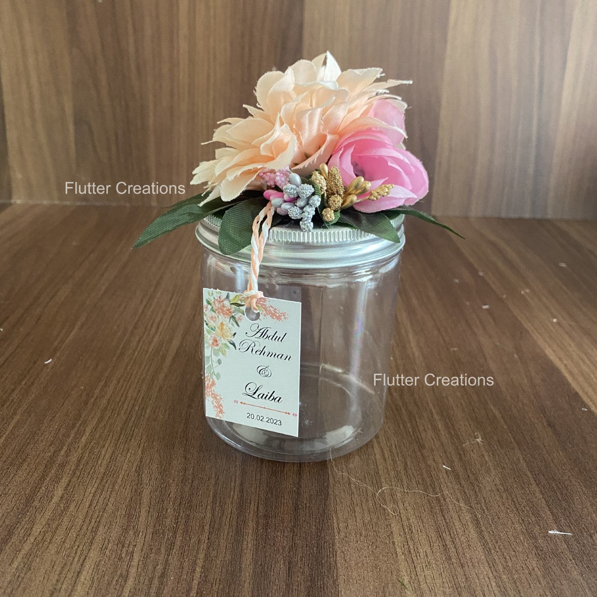 Wedding Jar with floral decor on top Plastic