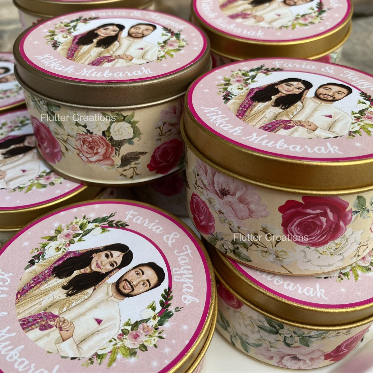 Wedding Customized Tin Bidh Box with Custom Illustration of Bride & Groom