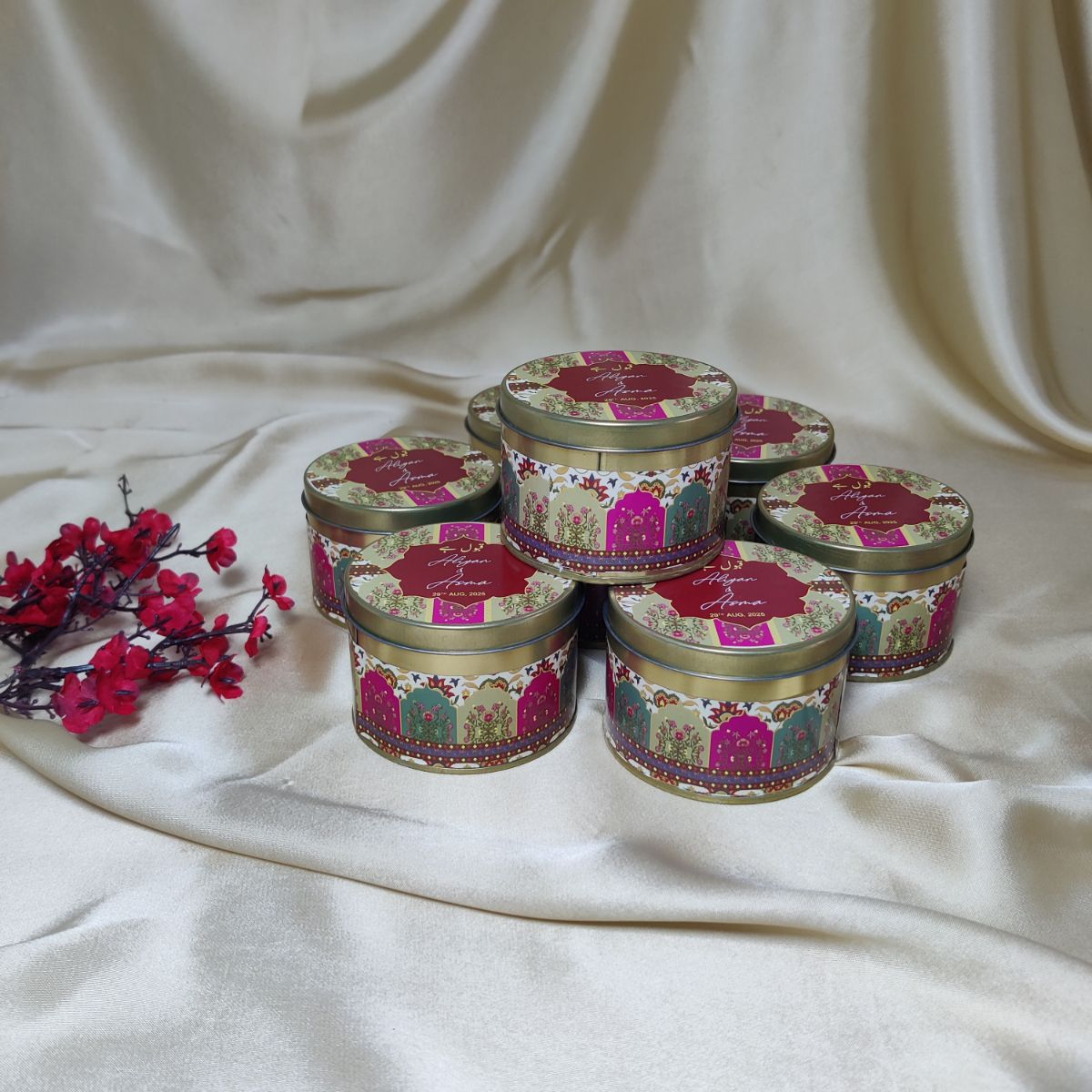 Customized "QABOOL HEIN " Print Round Tin box