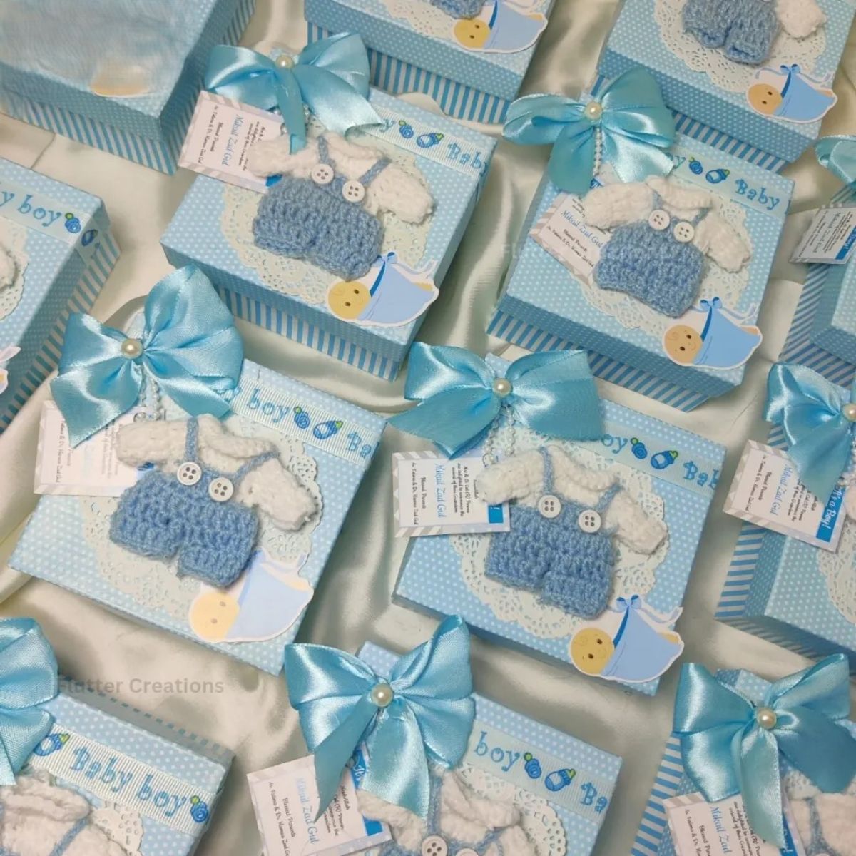 Crochet with Doily and Double Bow - Baby Boy Announcement Box