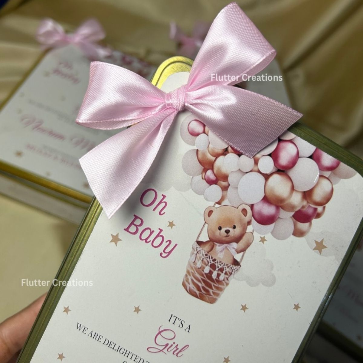 Baby Girl Announcement Tin Box with Ribbon Bow
