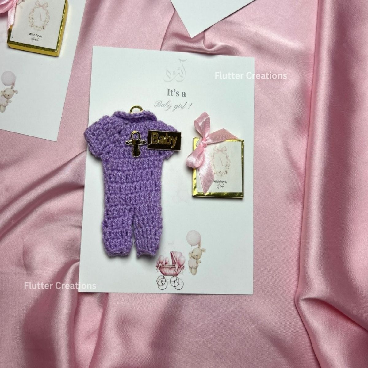 Baby Shower Giveaway Cards (with Crochet dresses and Milk Chocolate)