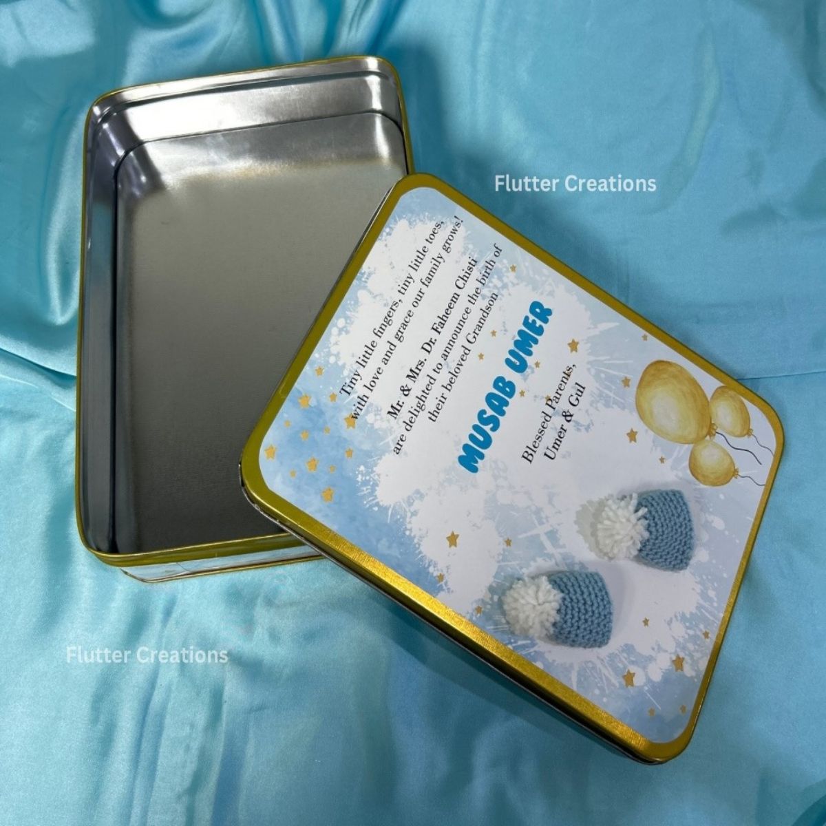 Baby Boy Announcement Tin Box - Crochet Caps