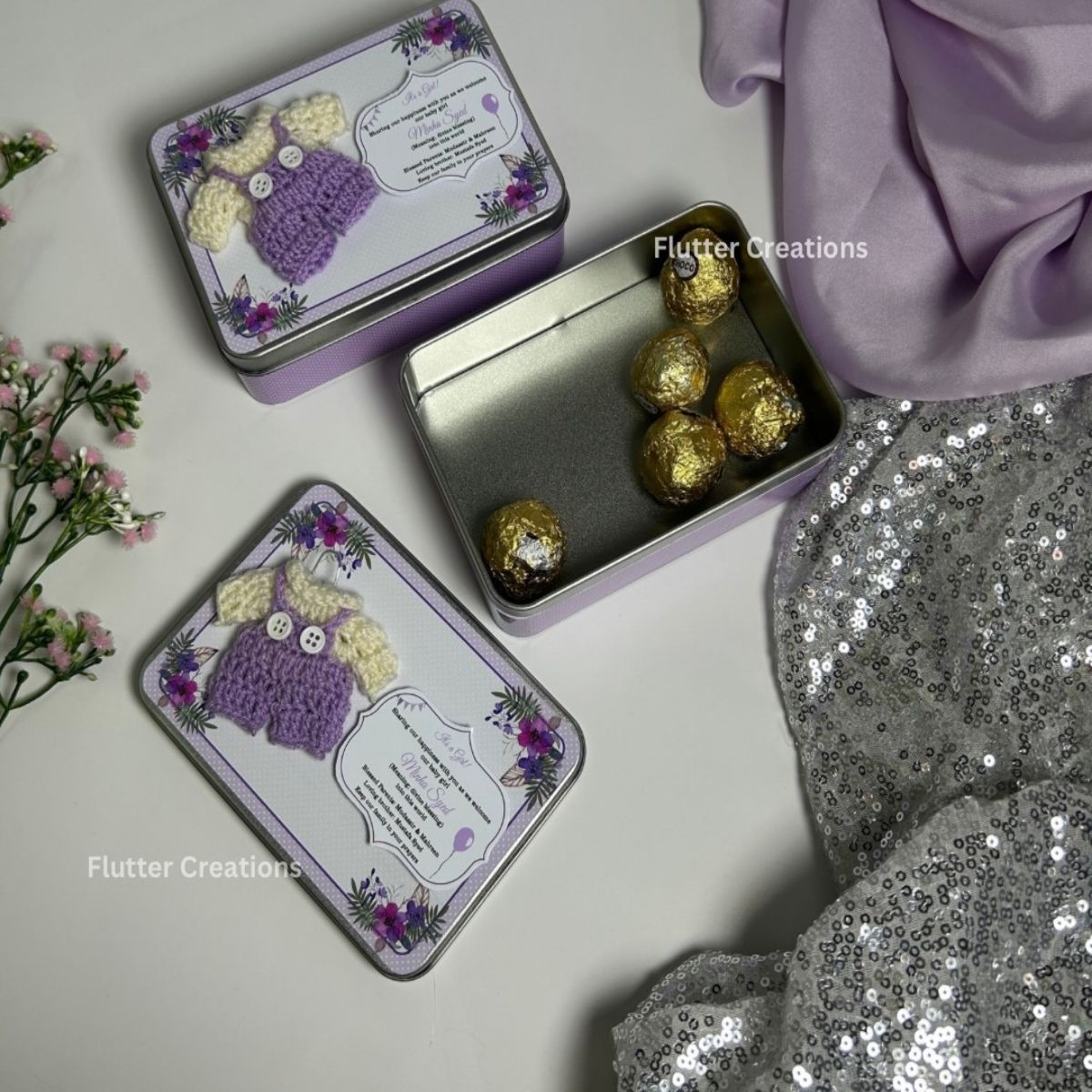 Purple Crochet Dress - Baby Girl Announcement Tin Metal Box