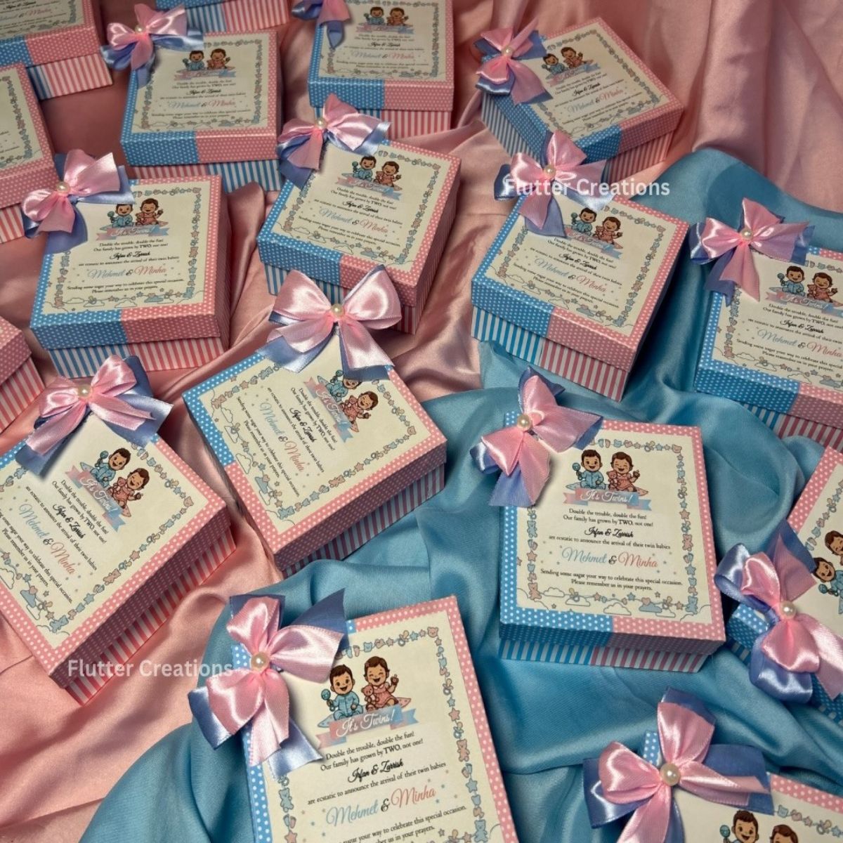 Twin Baby Announcement Box with Double Ribbon and Pearl