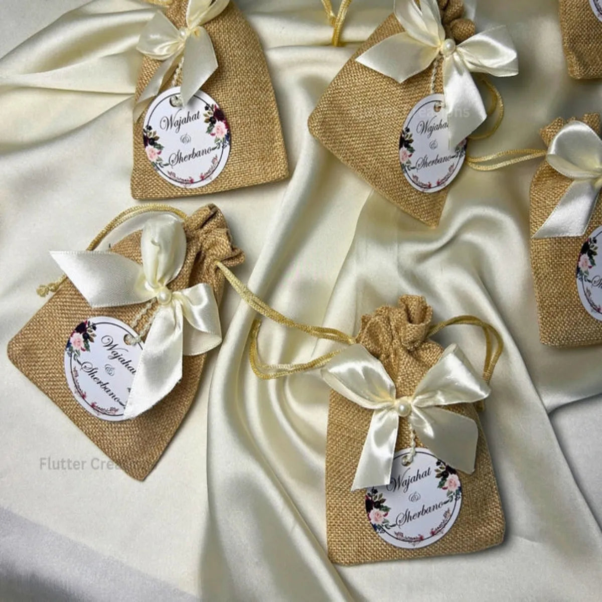 Khaki Jute Pouches with Off White Ribbon