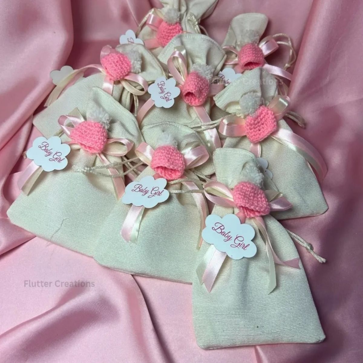 Premium White Pouch with Crochet Cap, baby girl announcement bag
