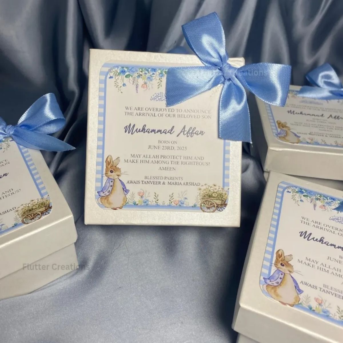 Baby Boy Announcement Box with Bunny and Bow Design