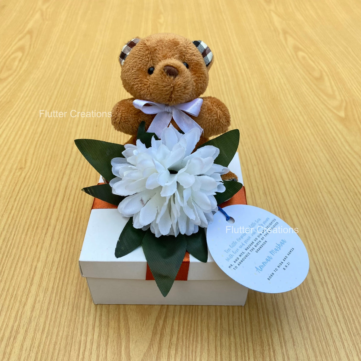 Baby Boy Announcement Box - Teddy bear with Flower & Wooden Name