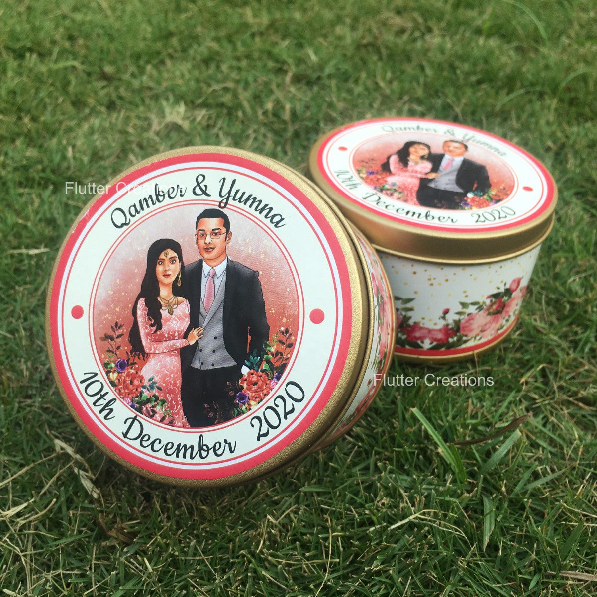 Wedding Customized Tin Bidh Box with custom illustration of Bride & Groom