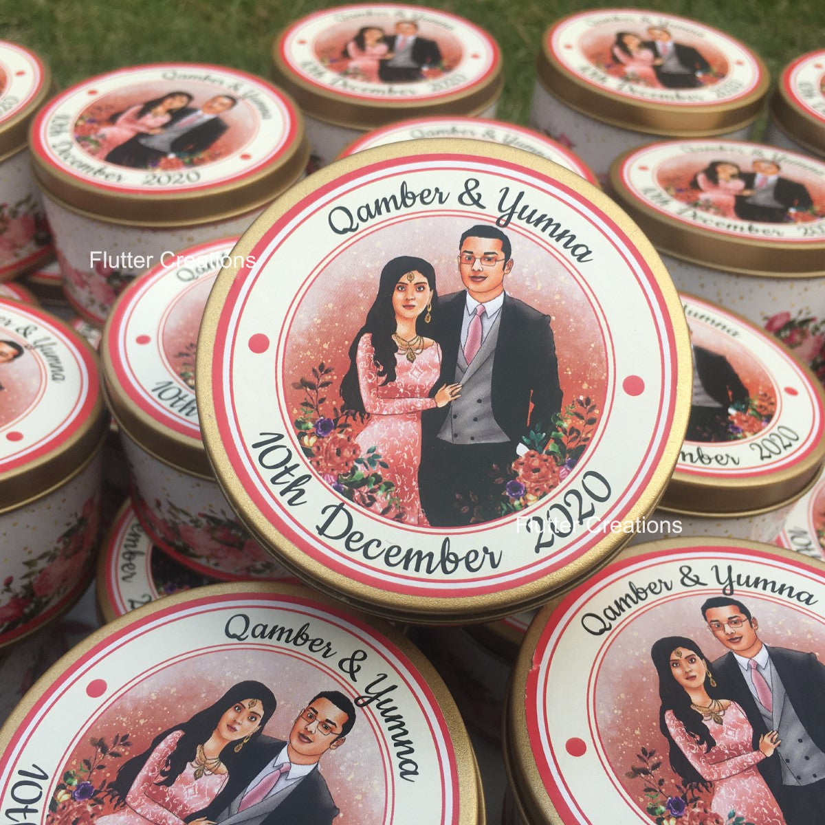 Wedding Customized Tin Bidh Box with custom illustration of Bride & Groom