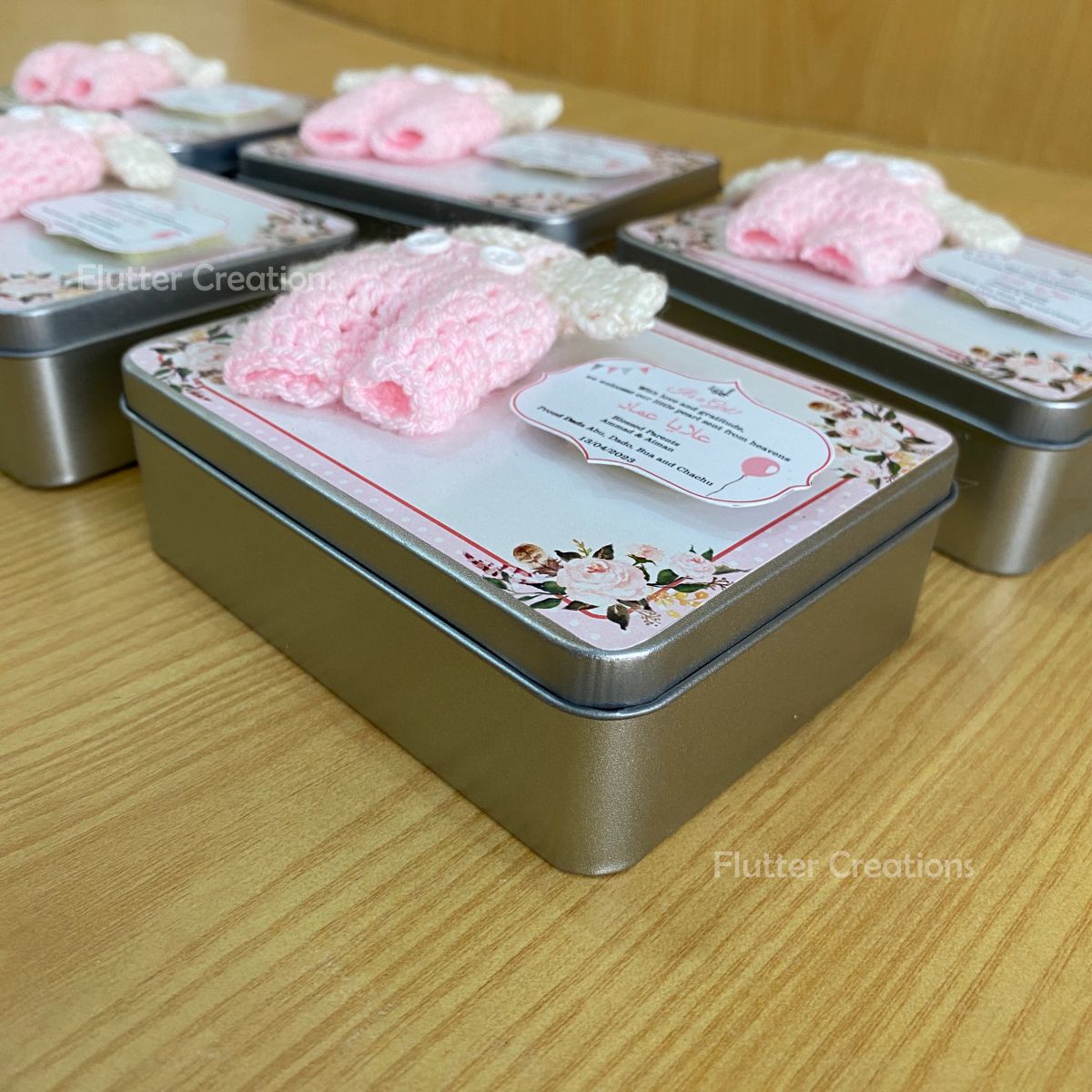 Pink Crochet - Baby Girl Announcement Tin Metal Box