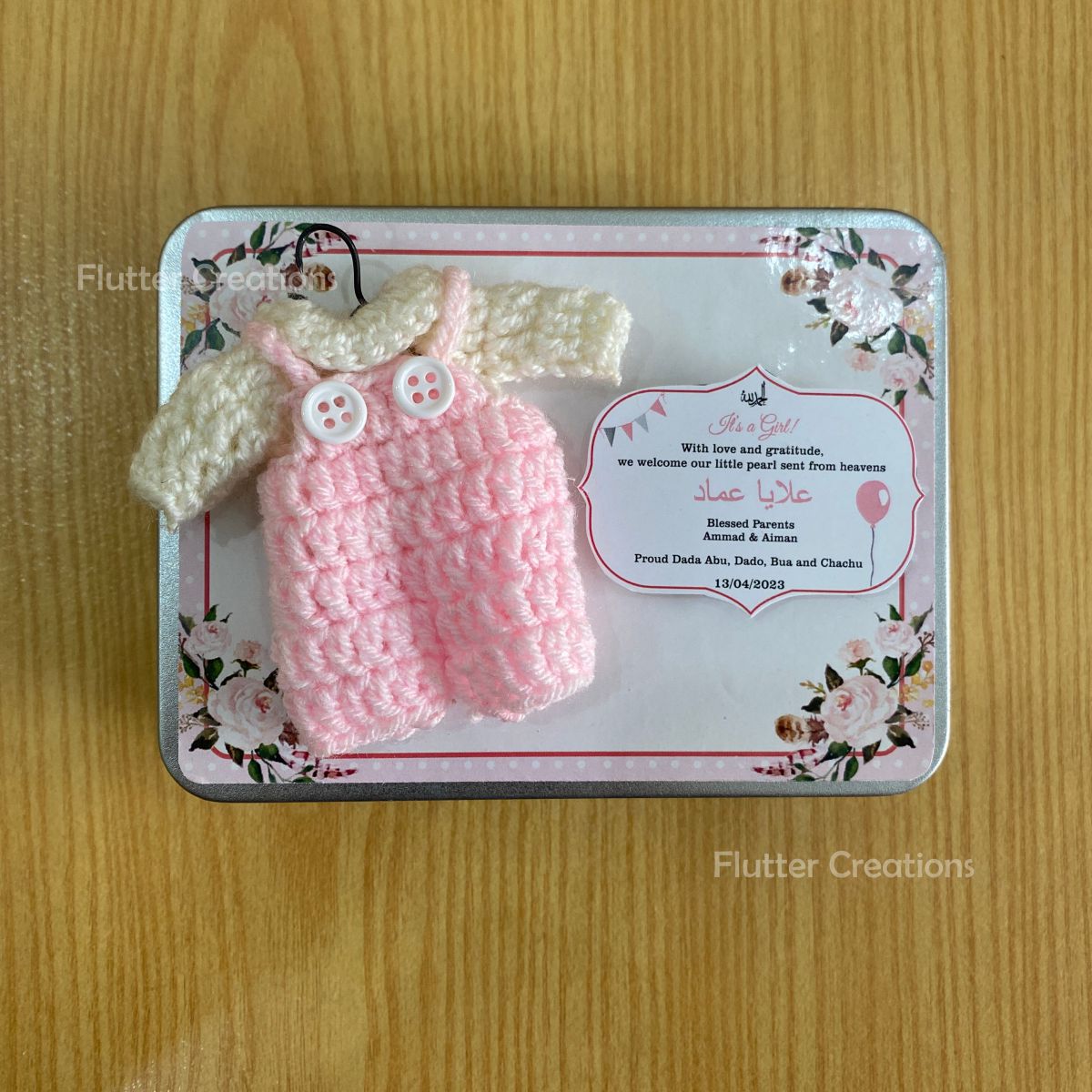 Pink Crochet - Baby Girl Announcement Tin Metal Box