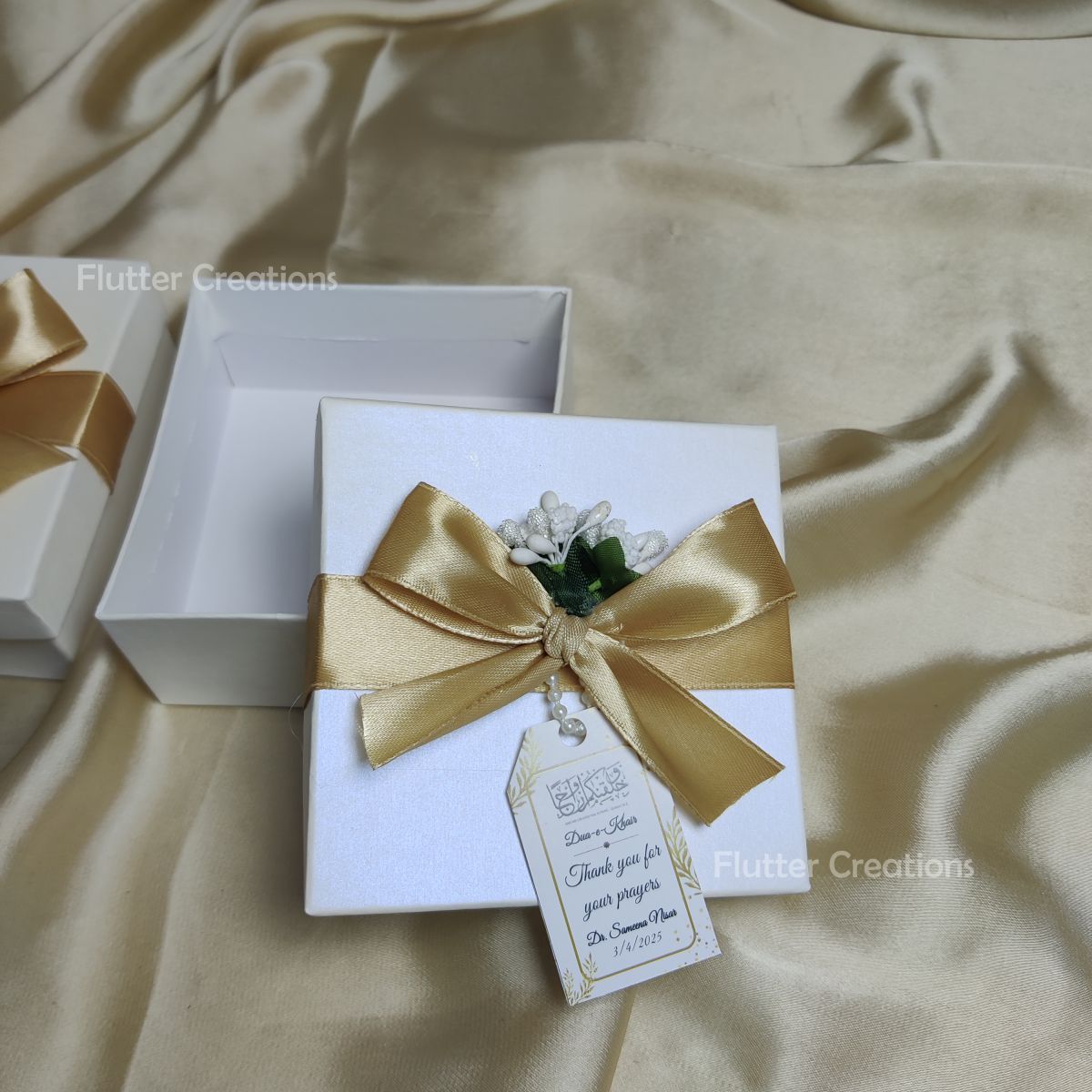 White Box with Golden Ribbon, Stamen and Tag