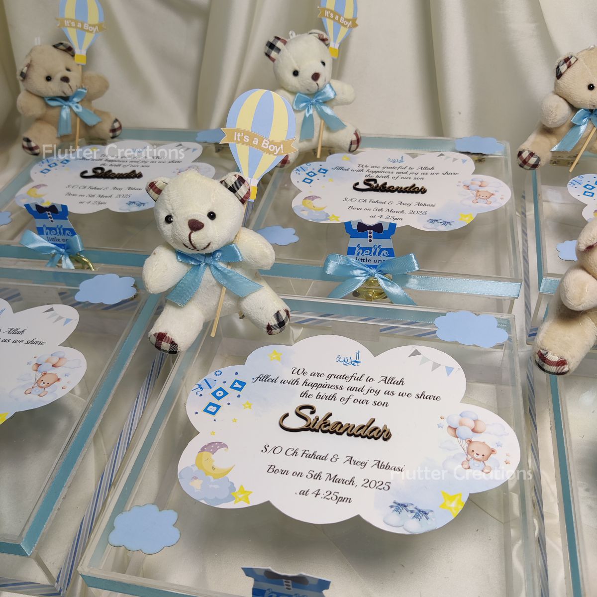 Baby Boy Announcement Acrylic Box with Teddybear and Name Cutout