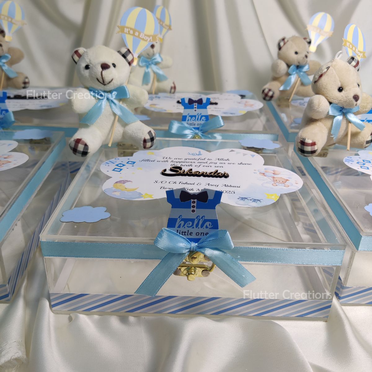 Baby Boy Announcement Acrylic Box with Teddybear and Name Cutout