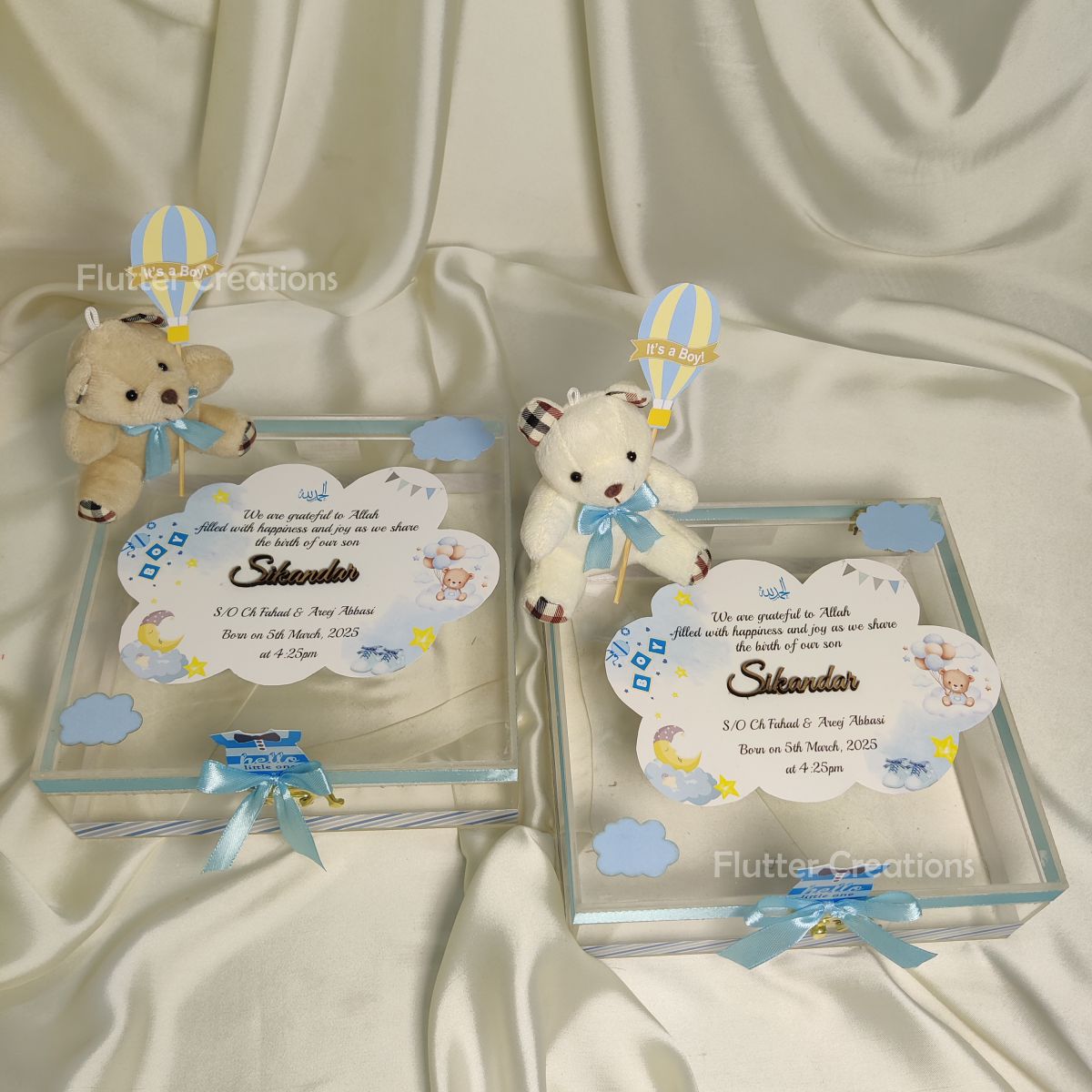 Baby Boy Announcement Acrylic Box with Teddybear and Name Cutout