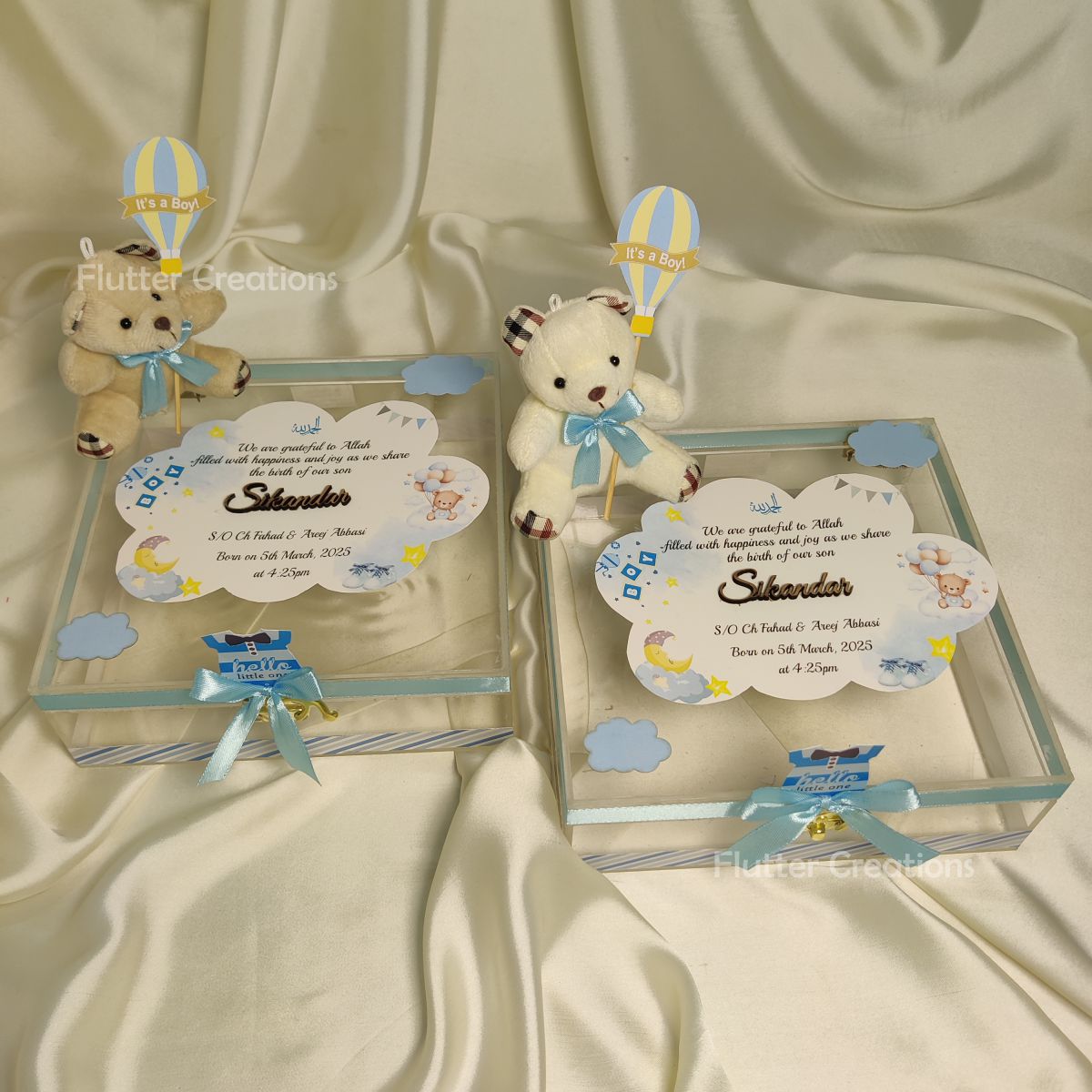 Baby Boy Announcement Acrylic Box with Teddybear and Name Cutout