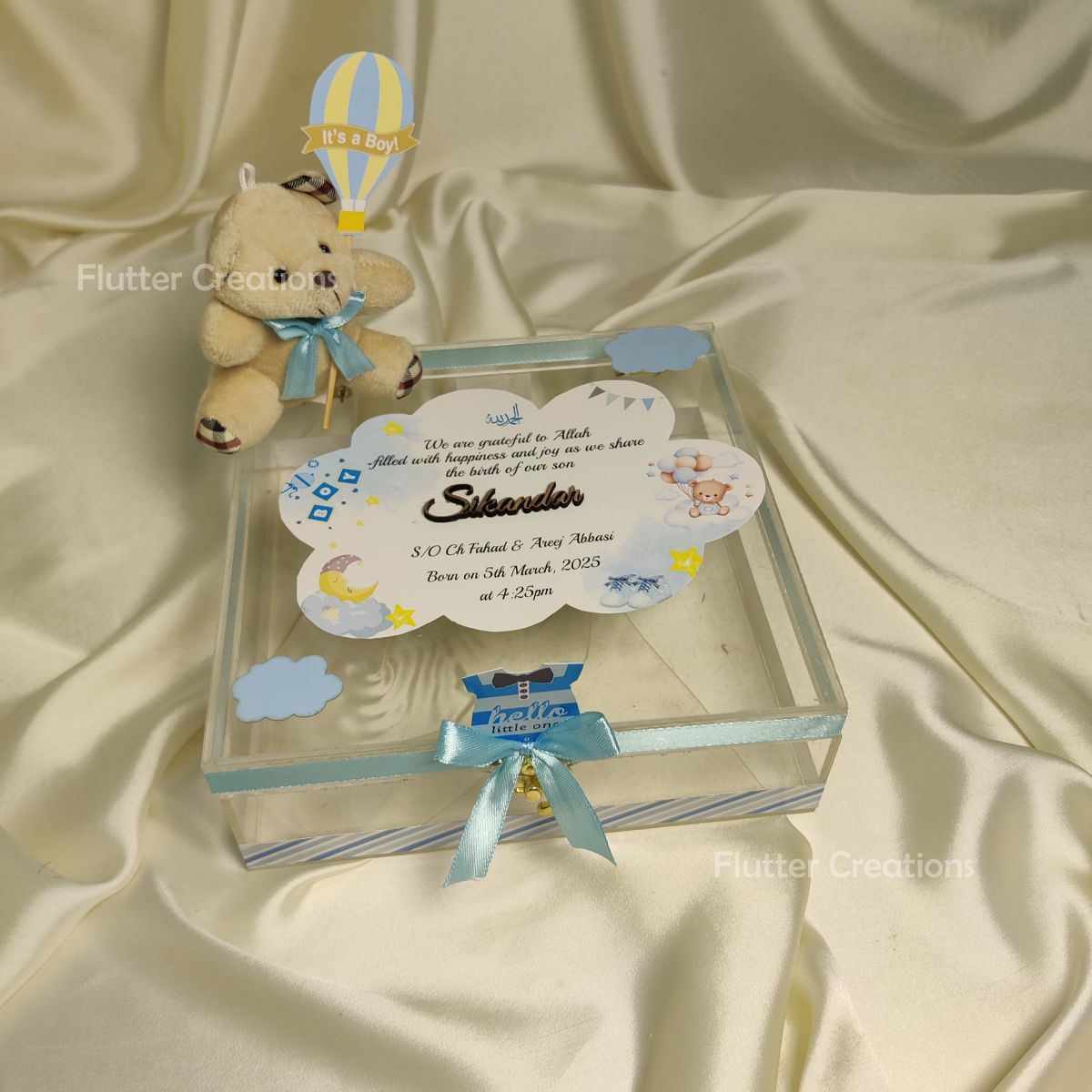 Baby Boy Announcement Acrylic Box with Teddybear and Name Cutout